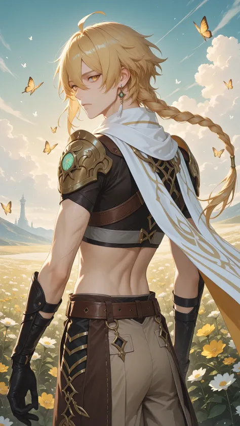 score_9, score_8_up, score_7_up, source_anime, highly detailed, from back, looking back, butterflies, sky, clouds, wind, flowers,
traveler, 1boy, male focus, solo, blonde hair, long hair, bangs, hair between eyes, braid, single braid, ahoge, yellow eyes, j...