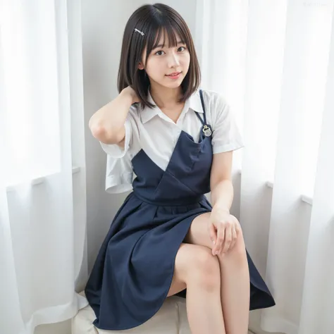 Thick lips、 dark hair、 big eyes、 straight medium long hair 、  Her left bangs are fastened with a silver hairpin,live-action 、authentic、 upper body、solo、   Tanned Japanese Girls、 high school students、( Dangerous Emoji   )、  very tanned skin  、 beautiful pin...