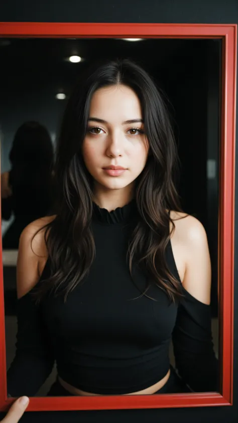 masterpiece, Highest quality, beautiful black-haired girl with brown eyes and shoulder-length hair, her hair has red reflections, She has a black blouse, black background of the photo 