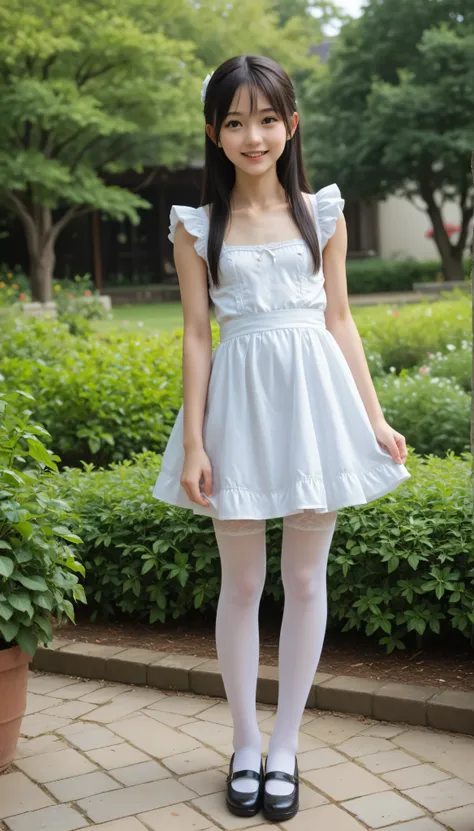 (1 cute young girl)、maids,Look at the audience,(skinny:1.5),(younger:1.5),(Toddler_body:1.5),(braids:0.3),(Bang Hair:0.3),(twin tails:0.3),(Ponytail:0.3),(long hair:0.3),(big boobs:0.92),in black lace stockings,lean forward,japanese,(smile:0.74),black lace...