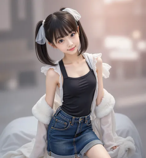 (luxury),((Photo Quality)),(thin body),Thin Arms,twin tails,white shoulders,((Highest Image Quality)),(elementary school student),girls,(perfect face),tank top