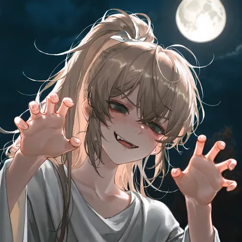 yiwujiu,(green eyes,Grumpy,scary face,half-opened mouth, blush，claw pose，claw pose， blush),(light-brown hair,long hair,high ponytail:1.2,single ponytail),(Ethereal, Uncanny, Classic Horror, White Cloth, Draped Fabric, Cheesecloth, Burial Shroud, Messy Hair...