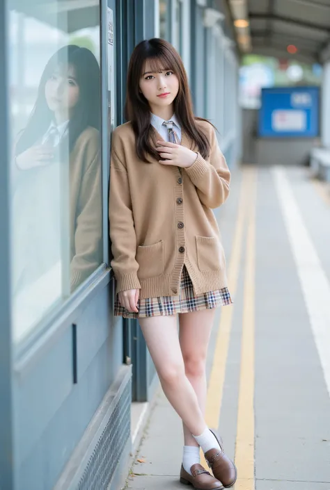 ultra detailed,8k,high resolution,beautiful detailed,high contrast,sharp focus,
best quality,super hyper realism,realistic,photorealism,(realistic skin:1.2),
japanese solo girl, no makeup, (from below:1,2), facing to the side, light smile,
school car...