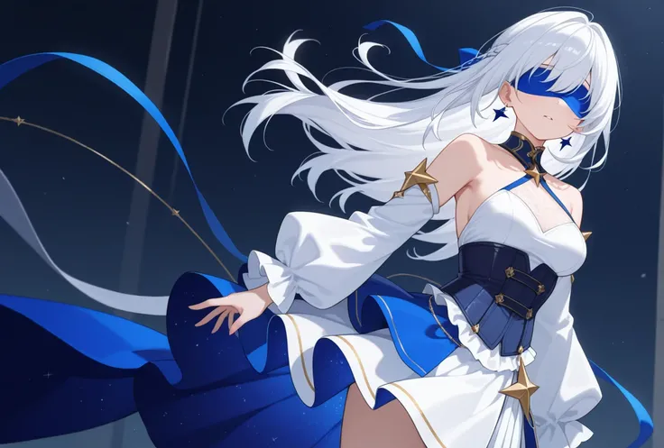 1 girl, solo, high quality, white hair, long hair, blindfolded, blue blindfold, medium breasts, standing. halterneck, white dress, dark blue corset, corset, detached sleeve, long sleeve, white sleeve, bare shoulders, skirt, two toned skirt, white skirt, bl...