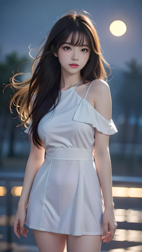 1 girl, 19 years old, ((city in Vietnam)), dark brown hair, purple eyes, hair ornament, ((cowboy photo)), ((Beautiful lonely woman standing under bright full moon, night wind blowing her hair, sad dreamy expression, cinematic lighting, soft bokeh, misty at...