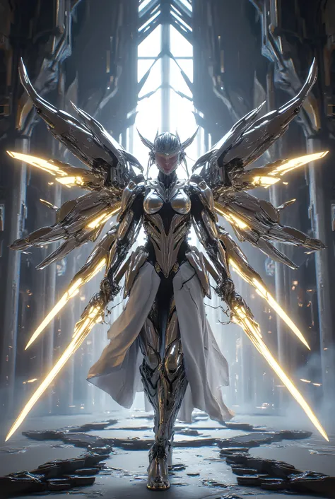 Photoreal live action of Cenematic shot a female cybernetic angel with a katana, set in a futuristic cathedral with a divine and ethereal atmosphere. Include intricate metallic details on her wings and armor, glowing circuits, and a radiant katana blade, e...