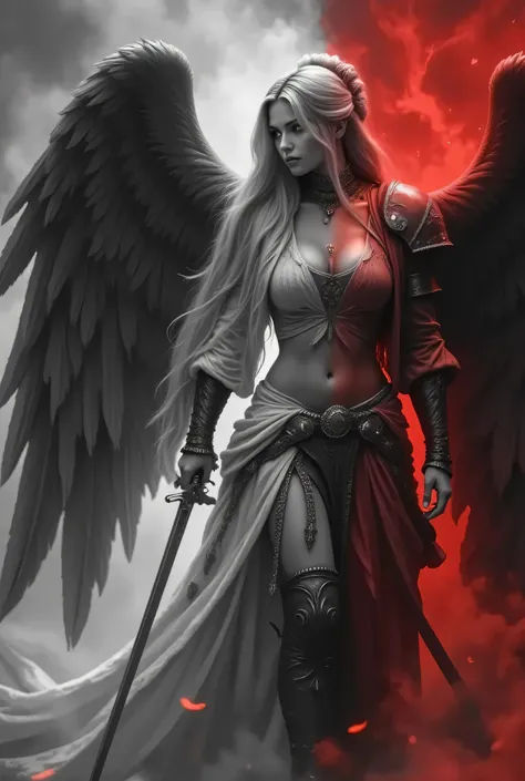 Subject/Composition:
Black and white (monochrome), red color splash, ultra-detailed, cinematic portrait of:
A beautiful and powerful female warrior, half angel and half demon, in a dramatic pose. The figure is perfectly split in half: the right side has...