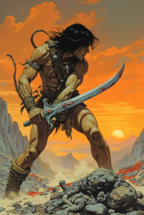 > A muscular barbarian warrior inspired by Conan the Barbarian, dressed in his typical leather loincloth, leather bracelets riveted, a tribal pendant decorated with teeth of a ferocious beast, leather tiara and worn leather boots. He wields an imposing Atl...