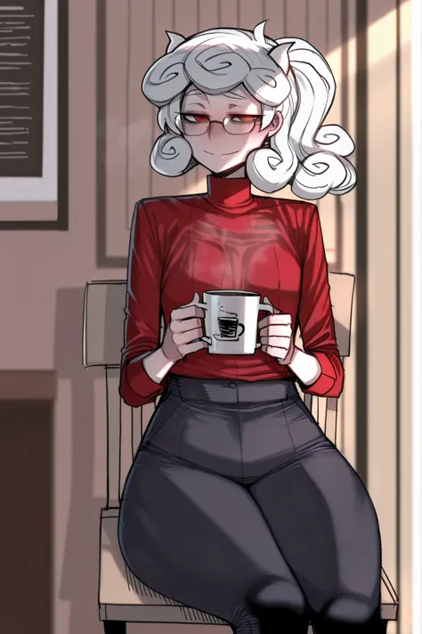 Ratatatat74 style, masterpiece, best quality, artist:(Ratatatat74) 1girl, Pandemonica from Helltaker wearing black leggings and a red turtleneck sweate red. Happily sipping coffee, cheeks slightly flushed, enjoying coffee, a coffee shop with warm sunlight...