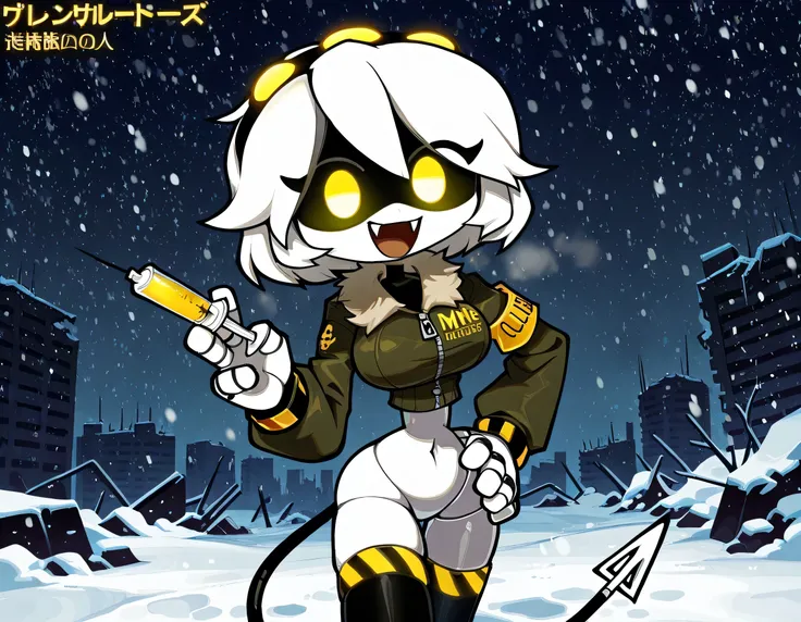 masterpiece, ultra-HD, impressionism, high detail, best quality, very aesthetic, 8k, best quality, beautiful, tmchng , Serial Designation V (Murder Drones), solo , humanoid robot, robot joints, hairband, short white hair, yellow eyes, virtual led eyes, smi...