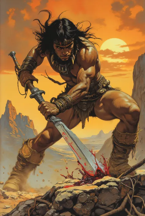 > A muscular barbarian warrior inspired by Conan the Barbarian, dressed in his typical leather loincloth, leather bracelets riveted, a tribal pendant decorated with teeth of a ferocious beast, leather tiara and worn leather boots. He wields an imposing Atl...