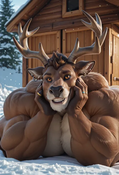 masterpiece, best quality, amazing quality, high quality, semi realistic, furry, 1boy, Reindeer Dolph from Fortnite, Brown and Light Brown Fur Body, huge muscle:2, Detail Amber Eyes:1.4, Black Sclera:1.4, topless, naked, Nipple Piercings, ear piercings, ri...