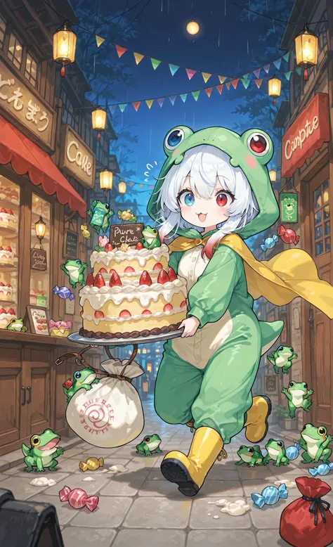 masterpiece, best quality, ultra-detailed:1.3, chibi style, dynamic action scene, 1girl, pure white hair with soft gradient red tips, heterochromia crimson red right eye:1.3 and ice blue left eye:1.3, fair skin, wearing bright green frog onesie with yellow...