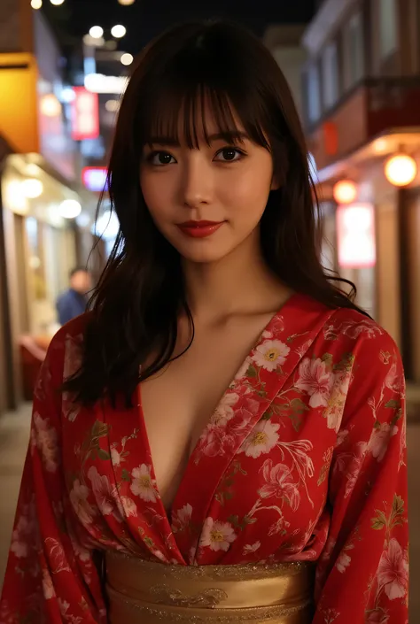 (Highest Quality、greatest masterpiece、8k、Highest Image Quality、winning work)、Beautiful Women、  perfect and beautiful composition    、[collarbone]、(Flower woman wearing the finest glamorous floral kimono in red and gold with a V-neck:1.5)、(reveals her cleav...