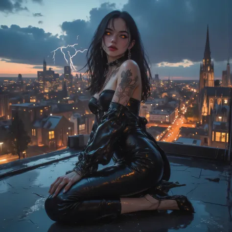 Beautiful rebellious woman in a modern city rooftop at twilight, dressed in a black leather corset and pants, high heels, wind blowing through her hair, confident smirk, piercing eyes glowing under soft city lights, gothic architecture in the skyline, dark...