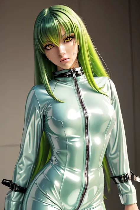 perfect anatomy Highest Quality, highest resolution,(((shiny latex white straitjacket Bodysuit shiny green hair long hair yellow eyes sweat shiny skin))) C.C is cool