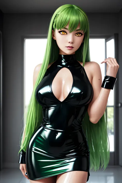 perfect anatomy Highest Quality, highest resolution,(((shiny latex white gothic dress shiny green hair long hair yellow eyes sweat shiny skin))) C.C is cool