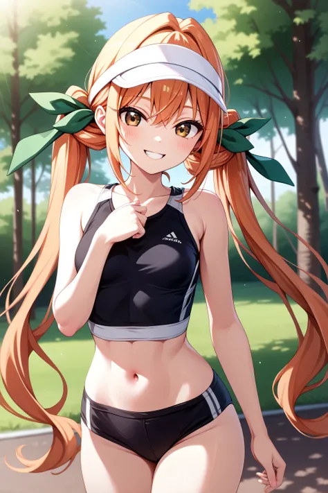 1girl, solo, karane_inda, brown eyes, orange hair, very long hair, low twintails, green ribbon, hair ribbon, small breast, slender waist, black sports bra, white visor cap, Parks, trees, ,, . ,.. ,( masterpiece, best quality, high resolution, ultra high re...