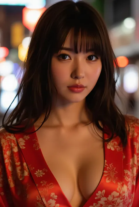 (Highest Quality、greatest masterpiece、8k、Highest Image Quality、winning work)、Beautiful Women、  perfect and beautiful composition    、[collarbone]、(A flower woman wearing a V-neck red and orange kimono with the finest, lustrous floral pattern:1.5)、(reveals ...