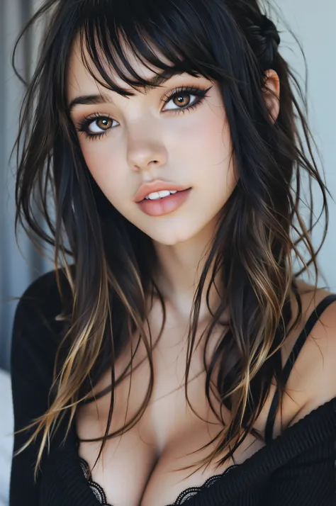 rating_explicit, score_9. score_8_up, score_7_up,  , instagram photo,  face photo of 23 y.o Chloe in black sweater, (huge breasts:1.3), (cleavage, breasts together:1.8), pale skin, dark brown eyes, winged eyeliner, (smile:0.4), hard shadows, realistic, por...