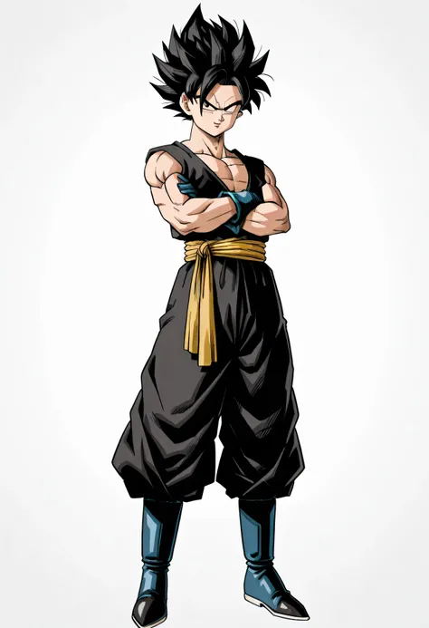 It's man. A close-up of a person standing with their arms crossed, wearing a martial arts-style outfit inspired by classic anime fighters — sleeveless top with a wrap belt and loose pants, all in a sleek black color with subtle metallic accents. The outfit...