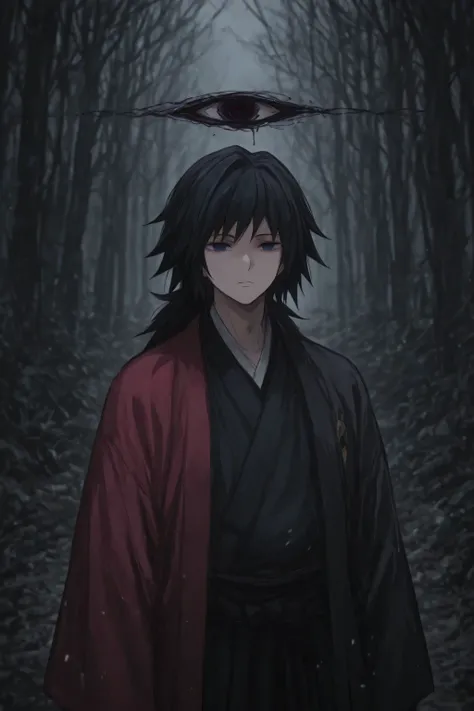 Tomioka Giyuu with only a black hakama. Male.  dark and dreary environment . empty stare, dark circles