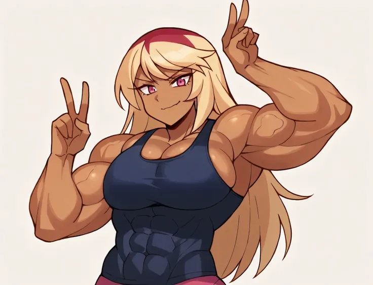 anime screencap, absurdres, high quality, official style, uncensored, humanverosikaHB, long hair, blonde hair, pink eyes, dark-skinned female, dark skin, bare shoulders,pink tank top multicolored hair, bangs, strapless, large breasts, looking at viewer,co...