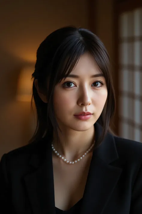 (Highest Quality、greatest masterpiece、8k、Highest Image Quality、winning work)、(beautiful mature 40 year old woman:1.4)、 perfect and beautiful composition 、(black long sleeve jacket:1.2)、(black inner shirt:1.1)、Aged face with wrinkles、big breasts、(short ...