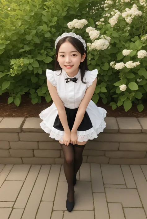 (1 cute girl)、maids,Look at the audience,(skinny:0.96),(younger:0.97),from above,in black lace stockings,lean forward,(big boobs:0.24),japanese,(Smile Yang:0.49),black lace stockings