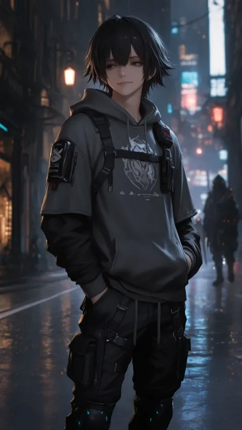 `1male, masterpiece, ultra-detailed, high quality, 19-year-old young male, messy short black hair, deep blue-black eyes, slim athletic build, dark gray short-sleeve techwear hoodie, tactical straps, zippers, black cargo pants, futuristic sneakers, subtle s...
