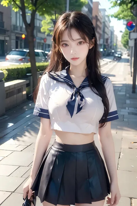 ( Super High Definition), (I'm looking over here), (school uniform:1.2, sailor suit, flared skirt), (Big Breasts:1.2), (Slimness:1.8), ( Read more:1.4), (thin thighs:1.4), ( thin hips:1.6), ( beautiful skin, shiny skin, white skin), (Super slim face, Sup...