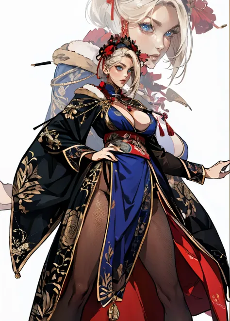 (absurdres, highres, super high resolution), Close-up of a person wearing a, (solo), (1girl:1.5), ((white background))), ((( clean background ))), ((( visible chest bone ))), (((Big breasts))), side slit skirt, Three Kingdoms of China costume, revealing co...