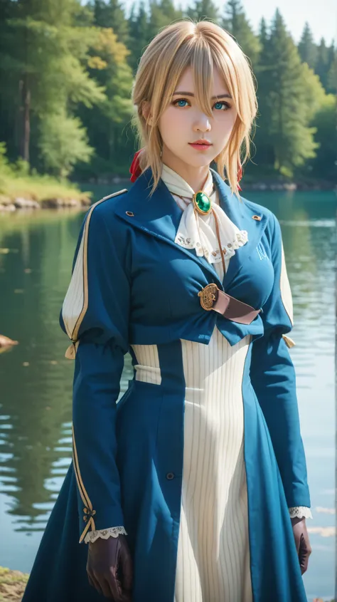 Masterpiece, best quality, 8k, ultra high resolution, photorealistic, cinematic composition,1girl, solo,vuole t vevergarden,emerald eyes,blonde hair,outdoors,potrait,forest,big breast,(lake background:1.4),standing still,(hair between eyes:1.3),dress,black...