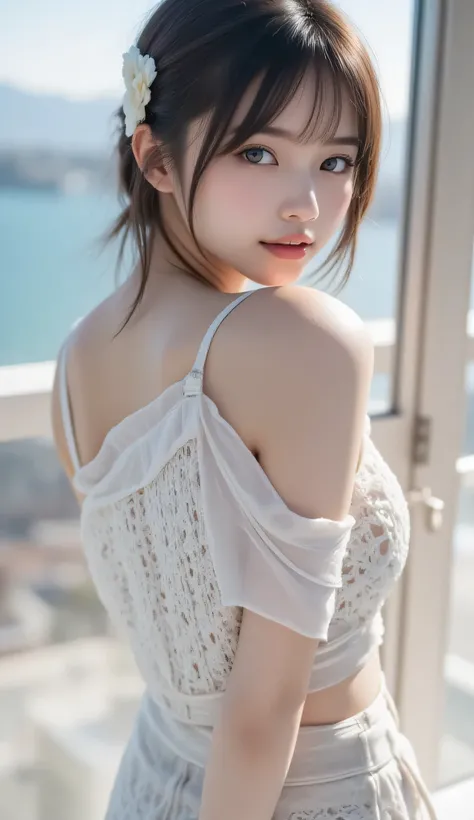 The full-body photo of a beautiful and attractive 20-year-old woman showing in a flirtatious pose against the backdrop of the downtown street with ocean view.
A strong light shines on her, making her appear bright and radiant.
Her beautiful hair is tied up...