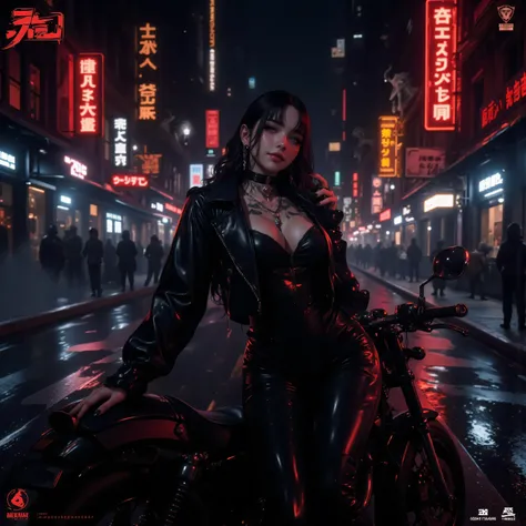 A stunning modern bad girl standing confidently in a dark, gothic city street at night, with cinematic lighting, dressed in a tight black leather outfit, shiny texture reflecting the neon lights, detailed facial features, perfect smile, deep, hypnotic dark...