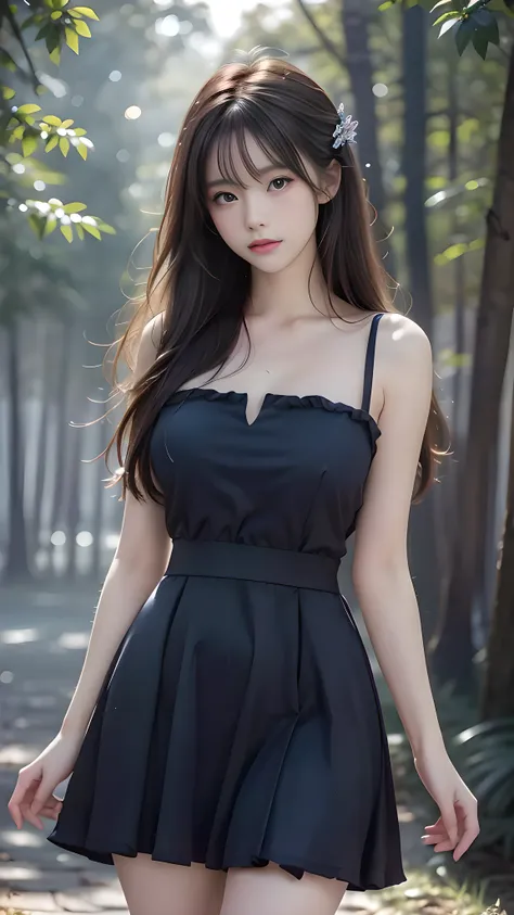 1 girl, 19 years old, ((city in Vietnam)), dark brown hair, purple eyes, hair ornament, ((cowboy photo)), ((Woman walking slowly in a moonlit forest, light beams through trees, fog, she whispers into the night, emotional close-up, teary eyes, artistic cine...