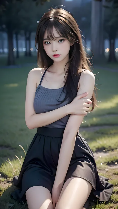 1 girl, 19 years old, ((city in Vietnam)), dark brown hair, purple eyes, hair ornament, ((cowboy photo)), ((Woman sitting alone on grass field at night, hugging knees, long shadow cast by moonlight, reaching hand toward the moon, emotional, melancholy mood...