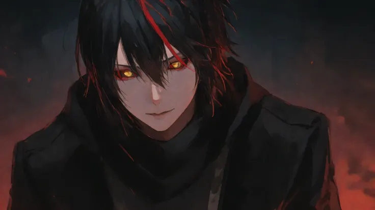 diablo_tensura, black hair, yellow eyes, multicolored hair, streaked hair, red hair, hair between eyes, colored sclera,