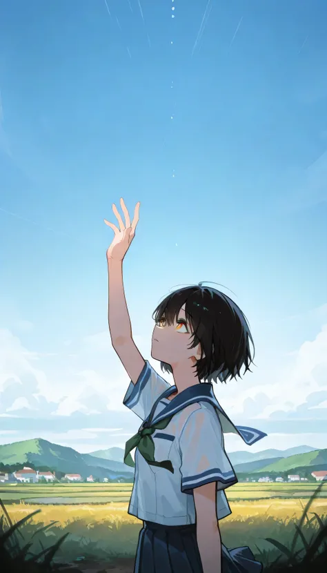 a landscape after the rain, outdoor, outside,look up at a clear sky,create a bright image that makes you feel a new beginning, black short hair, yellow eyes, summer, korean highschool uniform, One hand stretched out to the sky