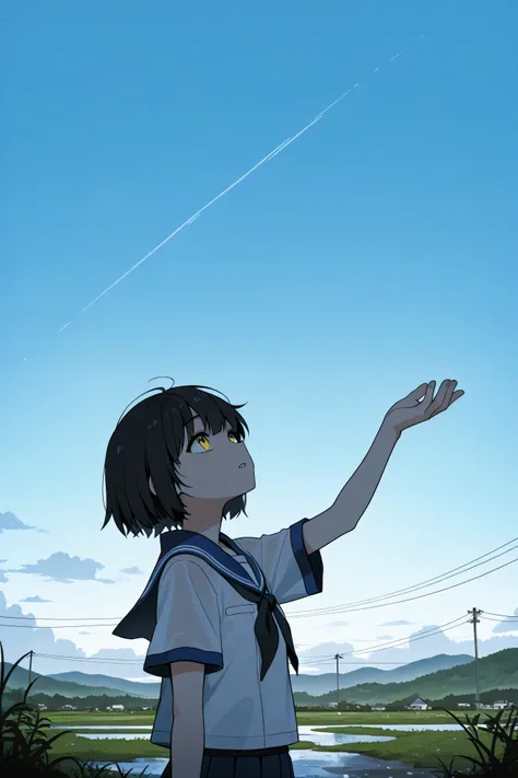 a landscape after the rain, outdoor, outside,look up at a clear sky,create a bright image that makes you feel a new beginning, black short hair, yellow eyes, summer, korean highschool uniform, One hand stretched out to the sky