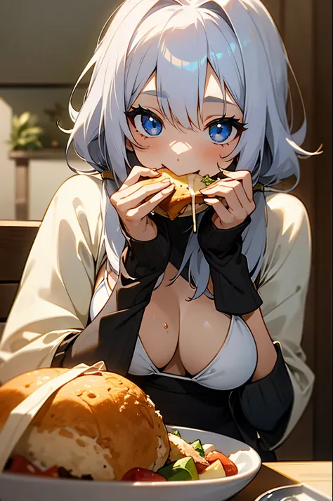 One girl 、Silver Hair、 blue eyes、 eating katsudon at the table 、 is holding chopsticks 、 wearing a leather jumper over a white bikini