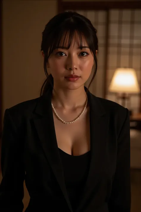 (Highest Quality、greatest masterpiece、8k、best image quality、winning work)、(beautiful mature 40 year old woman:1.4)、  perfect and beautiful composition    、(black long sleeve jacket:1.2)、(black U neck inner shirt:1.3)、(cleavage:1.2)、Aged face with wrinkles、...