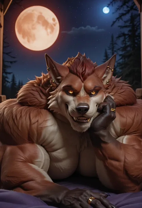 masterpiece, best quality, amazing quality, high quality, semi realistic, furry, 1boy, Werewolf Lycan West from Fortnite, Red and Light Brown Fur Body, huge muscle:2, (Detail Glowing Amber Eyes with narrow, vertical pupils, emission strictly limited to pup...