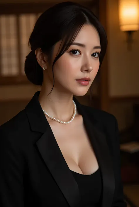 (Highest Quality、greatest masterpiece、8k、best image quality、winning work)、(beautiful mature 40 year old woman:1.4)、  perfect and beautiful composition    、(black long sleeve jacket:1.2)、(Black U neck inner shirt:1.3)、(cleavage:1.2)、Aged face with wrinkles、...
