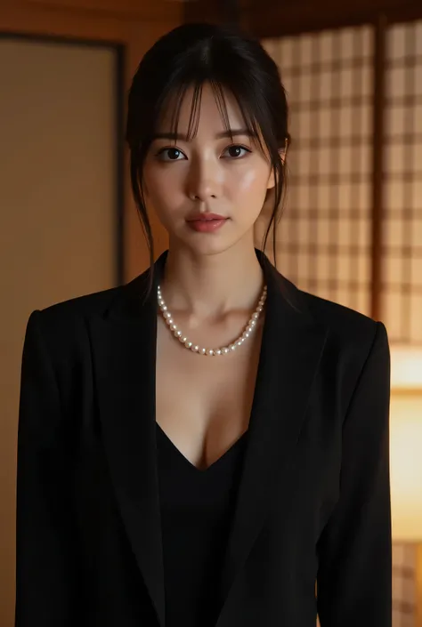 (Highest Quality、greatest masterpiece、8k、best image quality、winning work)、(beautiful mature 40 year old woman:1.4)、  perfect and beautiful composition    、(black long sleeve jacket:1.2)、(Black U neck inner shirt:1.3)、(cleavage:1.2)、Aged face with wrinkles、...