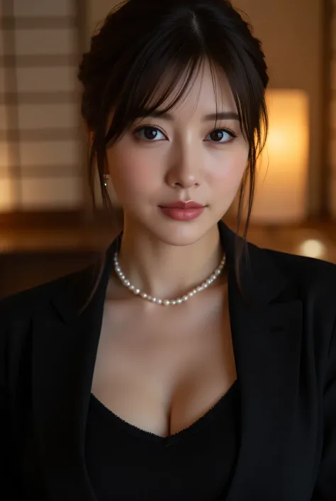 (Highest Quality、greatest masterpiece、8k、best image quality、winning work)、(beautiful mature 40 year old woman:1.4)、  perfect and beautiful composition    、(black long sleeve jacket:1.2)、(Black U neck inner shirt:1.3)、(cleavage:1.2)、Aged face with wrinkles、...