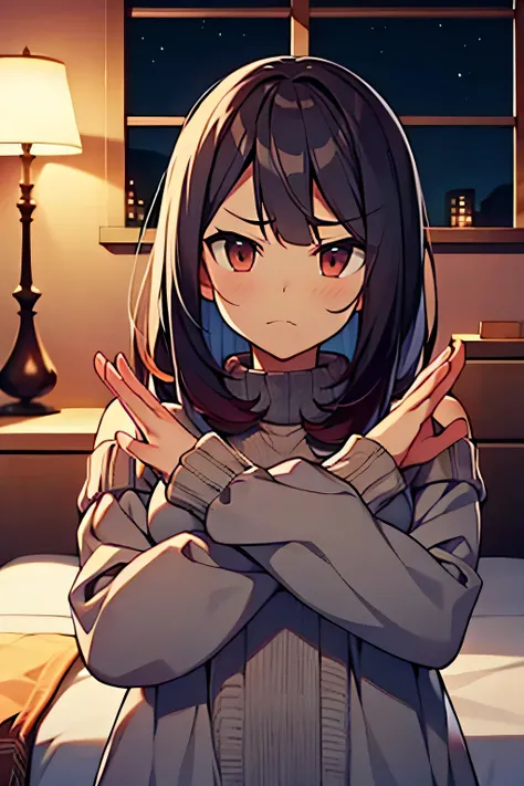 masterpiece, super detail, best quality, babe, knit, frown, x-arms, bedroom, night
