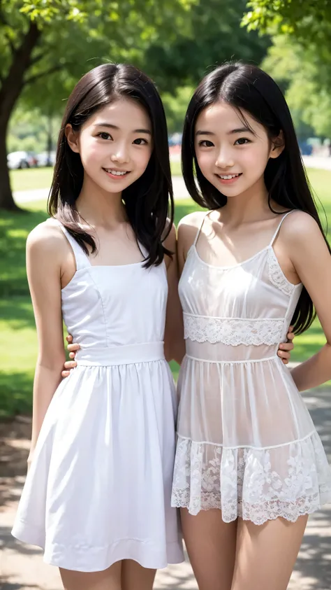 2 cute girls,((Highest Quality)),was photographed in the park,((Photo Quality)),(Slim:1.5),(detail),Tiny Chest,Narrow Shoulder,perfect face,Tank Dress ,ruffle dress,(skinny:1.3),(smile:0.5)