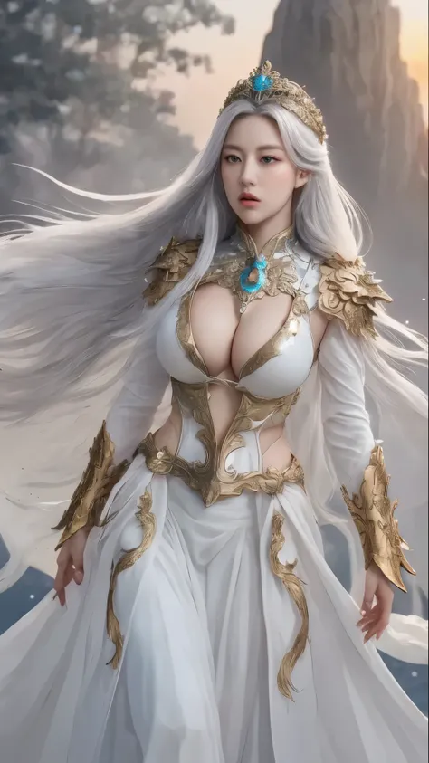 Gyj, - Dragon white, (ultra realistic:1.5), (masterpiece), (8K cinematic lighting), (photorealistic fantasy style:1.3), (high resolution, ultra detailed skin texture, natural color balance),
A regal female warrior standing confidently on a vast battlefiel...