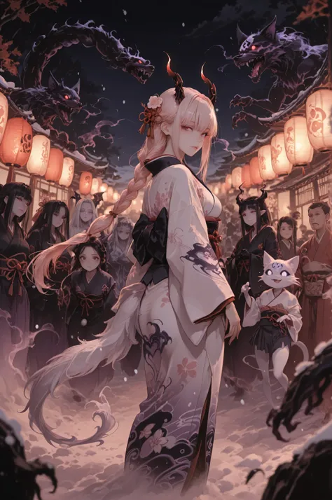 Highest Quality, Super Detailed, 8K Wallpaper, Procession of Yokai , Night town in the Edo period, red lantern light, Snow Maiden, Zashiki Warashi, Demon woman, Ushiki, Nurarihyon, Ghost cat, The Bewitching Fox , Old Torches, The heat of a summer night, wi...